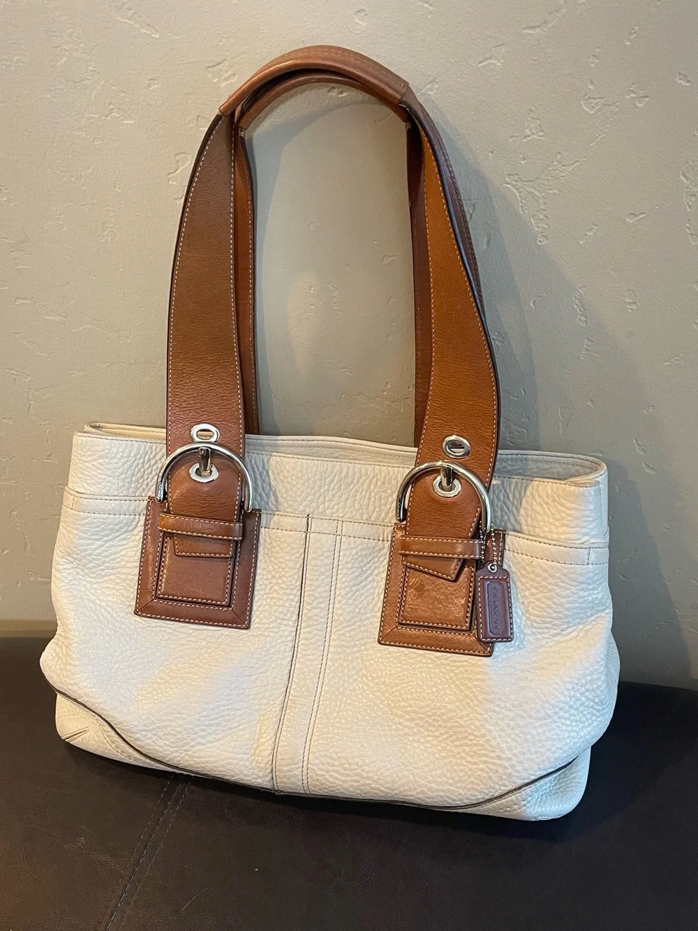 Coach soho Cream Brown Leather Tote Bag with Double buckle Handles leather